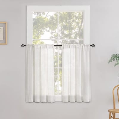 Linnen vitrage, halftransparant, bistrogordijn, raamgordijn, gordijn voor keuken, landhuis, woonkamer, set van 2, 90 x 45 cm (b x h), gebroken wit