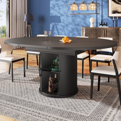 Wishdor - Uitschuifbare Eettafel - Met Opbergruimte - Rond Naar Ovaal - Voor Keuken Of Eethoek - MDF - Zwart - 118-158 x 118 x 76,8 cm