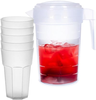 Plasticforte Waterkan van 2 Liter - transparant - kunststof - met 5x stuks onbreekbare drinkglazen - transparant - 600 ml