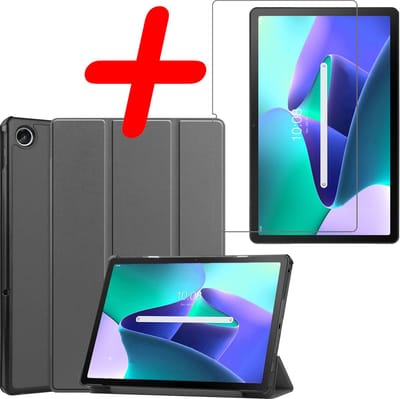 Hoesje Geschikt voor Lenovo Tab M10 Plus (3e / 3rd Generatie) - Met Screenprotector - Trifold Bookcase - Hard Cover - Hardcover Book Case - Tablet Hoes - Grijs