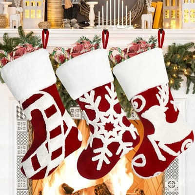 Set van 3 Grote Kerstkousen van 45 cm met Geborduurde Rendier en Sneeuwvlokken voor Feestelijke Versieringen en Cadeaus tijdens Kerstmis en Vakanties