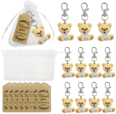 Dailygoods - Geschenken Doop 30 Stuks Beer Sleutelhanger 30 Stuks Organza Zakjes en 30 Stuks Bedankkaartjes voor Jongens Meisjes Verjaardagsfeestje Accessoires Baby Shower Decoratie