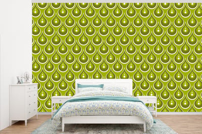 Behang - Fotobehang Patronen - Retro - Regen - Druppel - Groen - Breedte 345 cm x hoogte 220 cm