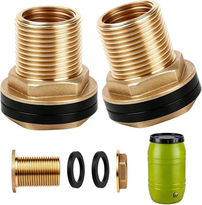 Set van 2 messing regentonfittingen, 1/2" vrouwelijke schroefdraad x 3/4" mannelijke schroefdraad, inclusief 4 afdichtingen voor een veilige aansluiting op tanks en vaten