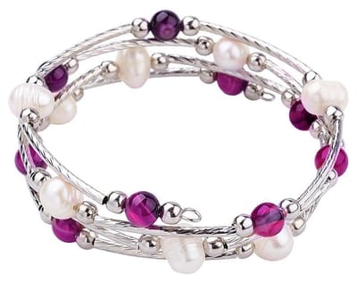 Zoetwaterparel wikkelarmband met edelstenen Wrap Pearl Pink Striped Agate - echte parels - agaat - wit - pink - roze - zilver - sieraden zakje