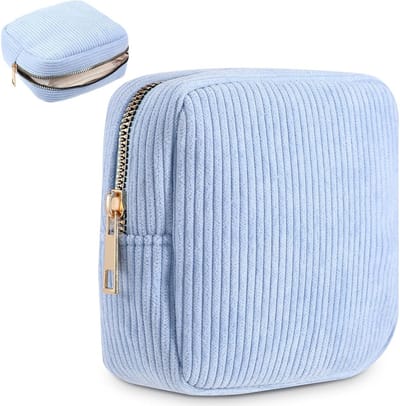 Kleine reis-make-uptas van geribbeld fluweel met ritssluiting, draagbare tas voor maandverband, ideaal voor meisjes en vrouwen, Blauw, Klassiek