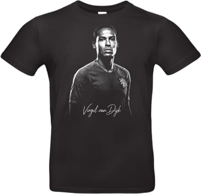 T-shirt zwart met opdruk van het Nederlandse voetbal icoon Virgil van Dijk maat S van Shirtmakelaar