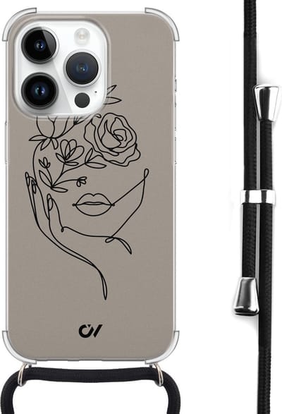 Casevibes - Telefoonhoesje met koord - Geschikt voor Apple iPhone 14 Pro - Oneline Face Flower - Bruin -