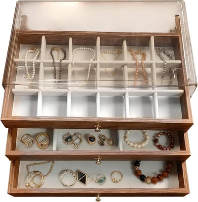 Houten Sieradenorganizer - Opbergkist Accessoires - Sieraden Opbergen - Meerlaagse Indeling - 22x13x108 Cm - Nootkleur