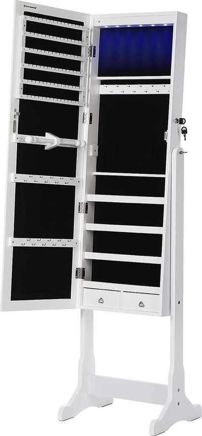 FurnStar - LED verlichting sieradenkast - Spiegel met 5 planken - 2 Kleine lades afsluitbaar - 150 cm - Wit