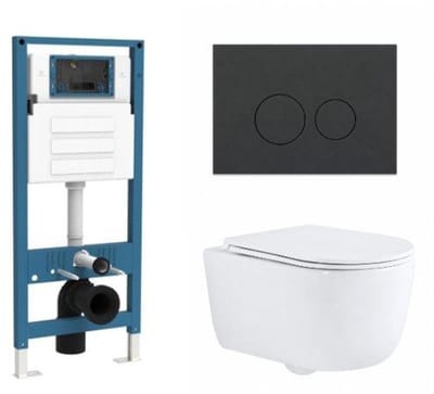 QeramiQ Dely Swirl Toiletset - inbouwreservoir Qeramiq Flush - slim zitting - kunststof mat antraciete bedieningsplaat - ronde knoppen - glans wit