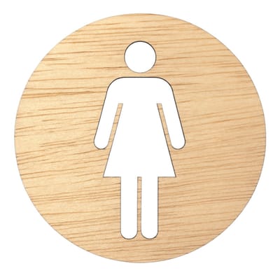 Zelfklevende houten toilet sticker – WC bordje met dames pictogram – Rond hout design Ø10 cm – Eenvoudig te bevestigen