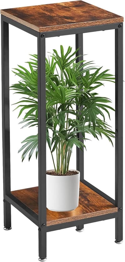 Famanu - 76 cm hoge houten plantenstandaard voor binnen, 2-laags hoekplantenrek, moderne vierkante bloemenstandaard voor woonkamer, balkon, tuin, rustiek bruin