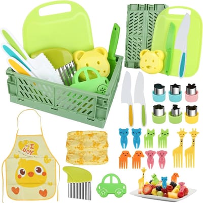Complete Kindermessen Set met 28 Stukken, Inclusief 6 Groentemesjes, 4 Golfmesjes, Snijplank en Opvouwbare Opbergdoos, Perfect als Verjaardagscadeau voor Kinderen