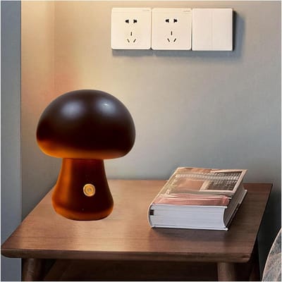 Houten Paddestoel Lamp - Draadloze Sfeerverlichting - Sfeervol Huis - Dimbaar Warm Licht - 109 x 9 Cm - Walnoot