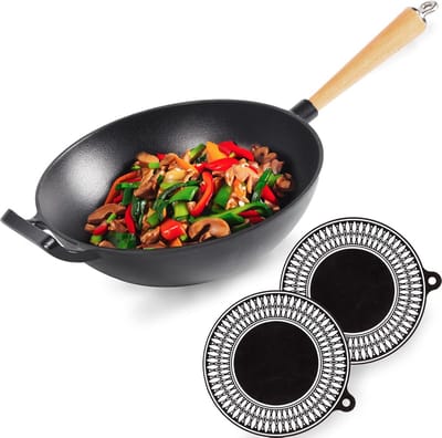 Gietijzeren Wok - Koekenpan - Roerbakken - Anti-aanbaklaag - 28 cm - Zwart