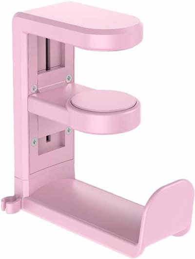 Draaibare hoofdtelefoonhouder voor bureau, 360 graden rotatie, ideaal voor kantoor en thuisgebruik, met opbergfunctie voor accessoires (roze)