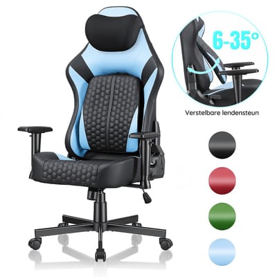 Devoko Bureaustoel - Ergonomische Bureaustoel - 2D-armleuningen - Koudschuim met hoge veerkracht - Verstelbare lendensteun (6° tot 35°) - Game Stoel met hoofdsteun - 150 kg - Zwart Blauw