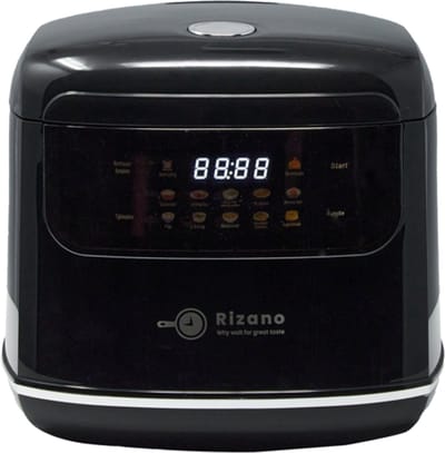 Rizano® Rijstkoker Zwart - 1-4 Personen - Multicooker - Slowcooker - Rice Cooker Klein 2L - Rijststomer - Rijstkoker met Stomer - Soep, Stoofpot & Cake - Anti-aanbak met 3D Warmteverdeling - Touchscreen en 5 Functies