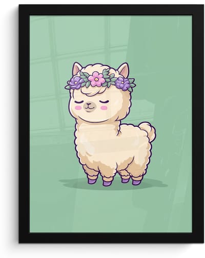 Poster in lijst - Fotolijst 30x40 cm - Posters - Alpaca - Groen - Bloemendiadeem - Posterlijst zwart - Decoratie - Wanddecoratie woonkamer - Muurdecoratie slaapkamer