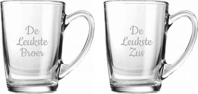 Gegraveerde Theeglas 32cl De Leukste Broer-De Leukste Zus