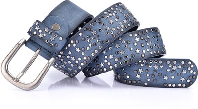 Riem - Coole damesriem met studs - Brede leren riem in denimstijl - 110 cm -Jeansblauw