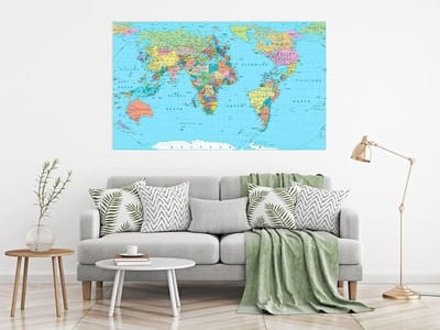 Wandafbeelding Wereldkaart - Muurdecoratie Kaart - Woonkamer Decoreren - Hoge Stootvastheid - 100 x 90 cm - Blauw