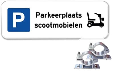 Parkeerbord Scootmobielen - Weerbestendig Aluminium - 40x15 cm - Bevestiging: Met paalbeugels Ø48mm