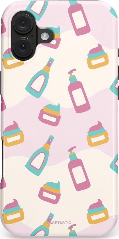 Casetastic hoesje geschikt voor Apple iPhone 16 Plus - MagSafe - Dubbellaagse bescherming - Bubbels & Borstels - Clean Girl - Makeup - Fashion Case - Wit Lichtgrijs Lichtroze
