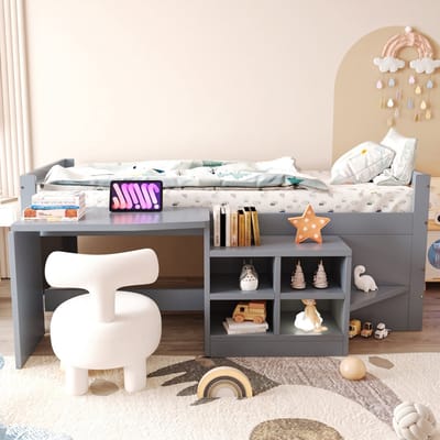 VVBV Kinderbed 90x200 cm met Planken, Voor Kinderen/Tieners - Bureau - Hout Grijs