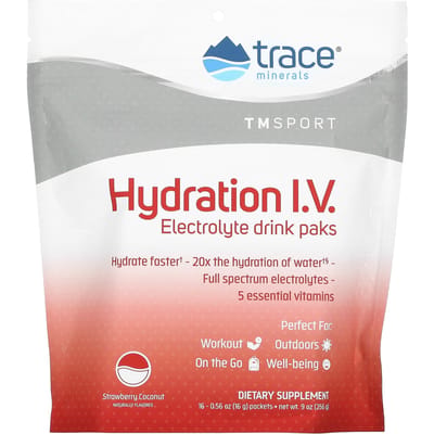 Trace, TM Sport, Hydratation IV, Pack de boisson électrolytique, Fraise Coco, 16 Sachets, 0,56 oz (16 g) Chaque