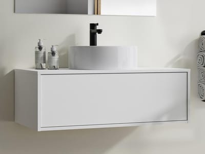 Vente-unique Wit zwevend badkamermeubel met enkele ronde wastafel - 94 cm - TEANA II