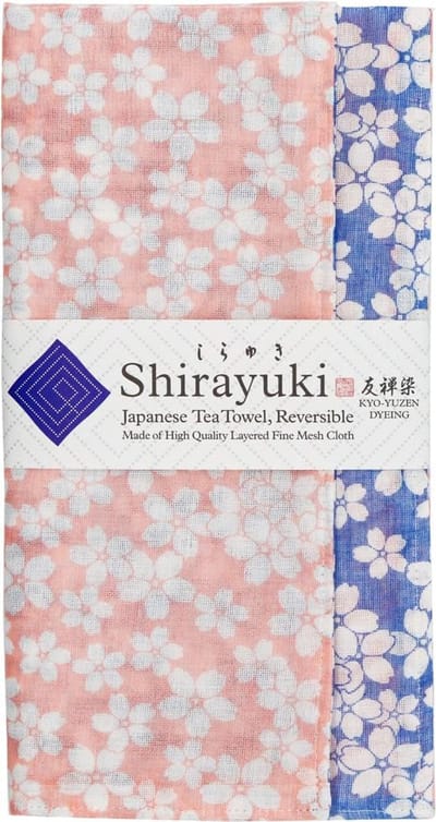 Japanse Theedoek KYO-YUZEN Geverfd - Omkeerbaar en Absorberend in Roze en Blauw met Kersenbloesempatroon