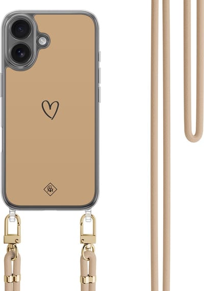 Casimoda® hoesje met koord - Geschikt voor iPhone 16 - Hart Bruin - Afneembaar koord - TPU/polycarbonaat - Bruin/beige