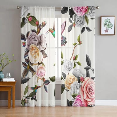 Vogel Aquarel Bloem Tule Gordijnen voor Slaapkamer Hal Woonkamer Decor Chiffon Gordijn voor Balkon Keuken Huis Gordijnen 135W x 114H(cm) white
