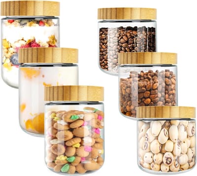 SnelShoppen - Pack van 6 Havermout Flessen met Deksel, Glazen Jars met Havermout Deksel, Luchtdichte Glazen Potten, Yoghurt Glazen voor Fruit, 300/500