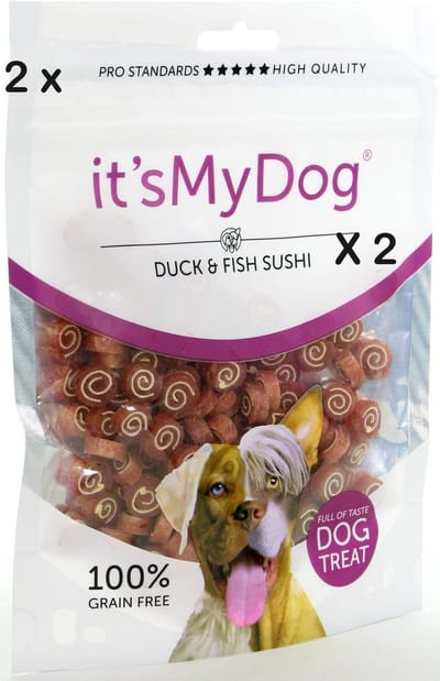 * 2 X * It's my dog 85 gr - hondensnack - trainingssnack -duck and fish sushi - = 170 gr graan vrij - kwalitatief 84% eend