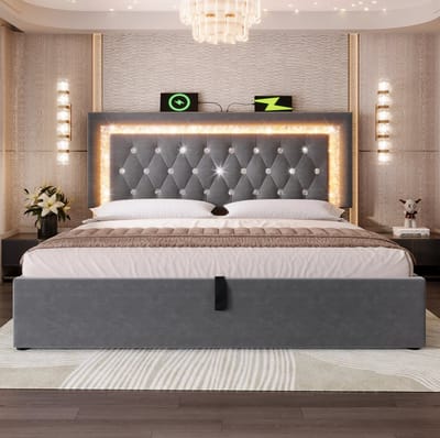 MEUNIQ gestoffeerd tweepersoonsbed 140x200 cm met matras, LED-hoofdbord, USB en Type-C, hydraulische opbergruimte, lattenbodem, grijs