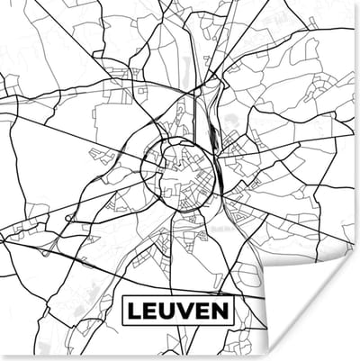 Poster Kaart – Plattegrond – Stadskaart – Leuven – België – Zwart Wit - 100x100 cm XXL
