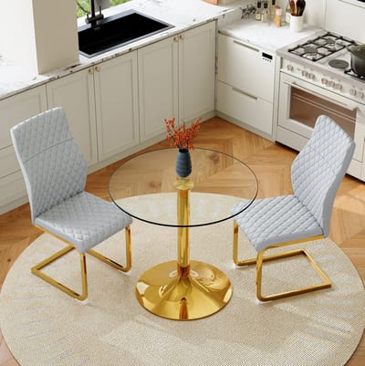Set Tafel En Stoelen - Ronde Glazen Eettafel Met 2 Stoelen - Licht Luxe En Ergonomisch - Voor Eethoek Of Café - Metaal Lichtgrijs Goud Transparant
