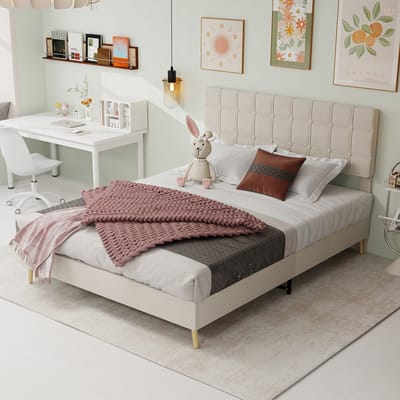 MODENUIT Gestoffeerd bed 140x200 cm – Geruit hoofdbord – Houten poten – Tweepersoonsbed – Fluweel – Zonder matras – Beige
