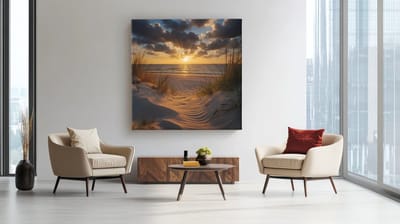 Vierkant Canvas Schilderij Strand Zonsondergang - Duinen en Zee - Rustgevende Wanddecoratie Woonkamer - 40 x 40 cm
