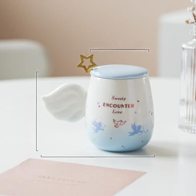 Engelvleugels Romantische Cupido Stel Stel Zachte Beker Verloop met Keramische Cartoon Beker met Deksel Lepel Mannen en Vrouwen Bloem Thee Waterbeker 300ml gray