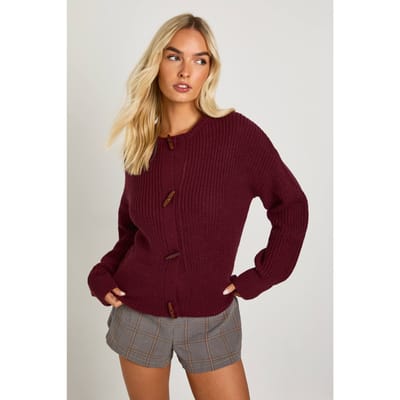 boohoo Dames Toggleknop Hoge kraag gebreide cardigan | Burgundy | Maat: Small