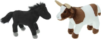 Cornelissen Pluche knuffel boerderijdieren set - Koe en zwart Paardje - van 22 cm - Zachte kinder knuffels - cadeau