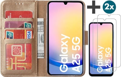 Hoesje met 2 Stuks Screenprotectors Geschikt voor Samsung Galaxy A25 – Arara bookcase met pasjeshouder - Goud