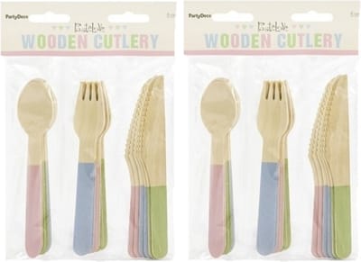 Houten bbq/verjaardag bestek setje - pastel kleuren - 36x delig - vorken/messen/lepels