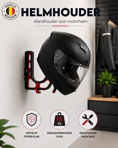 Skushy Helmhouder – Wandhouder voor Helm, Motorhelm, Fietshelm, Scooterhelm, Skihelm, Skatehelm & Paardrijhelm – Zwart/Rood PETG Helmbeugel met Sleutelhanger Haak voor Garage, Hal, Sport, Hobby, Werkplaats, Fietser, E-bike & Motorrijder – Muur 15 kg