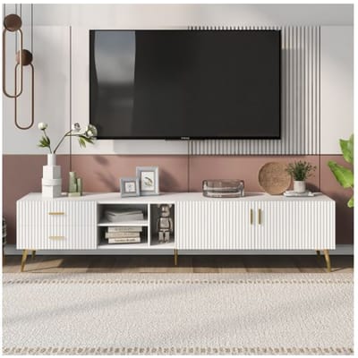 Meuble TV pour TV 75 , Centre de divertissement moderne, Console média (Blanc)