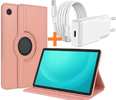 Hoes Geschikt voor Samsung Tab A11 Plus / A9 Plus tablethoes – 360° draaibaar Rose Goud met USB C Adapter - USB C oplader- Slim Snellader 20W Met USB C Kabel 1m - Ntech COMBI-SET